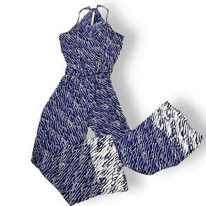 Karina Grimaldi Lightweight Jumpsuit Racer Back VNeck Sz M Blue White Print